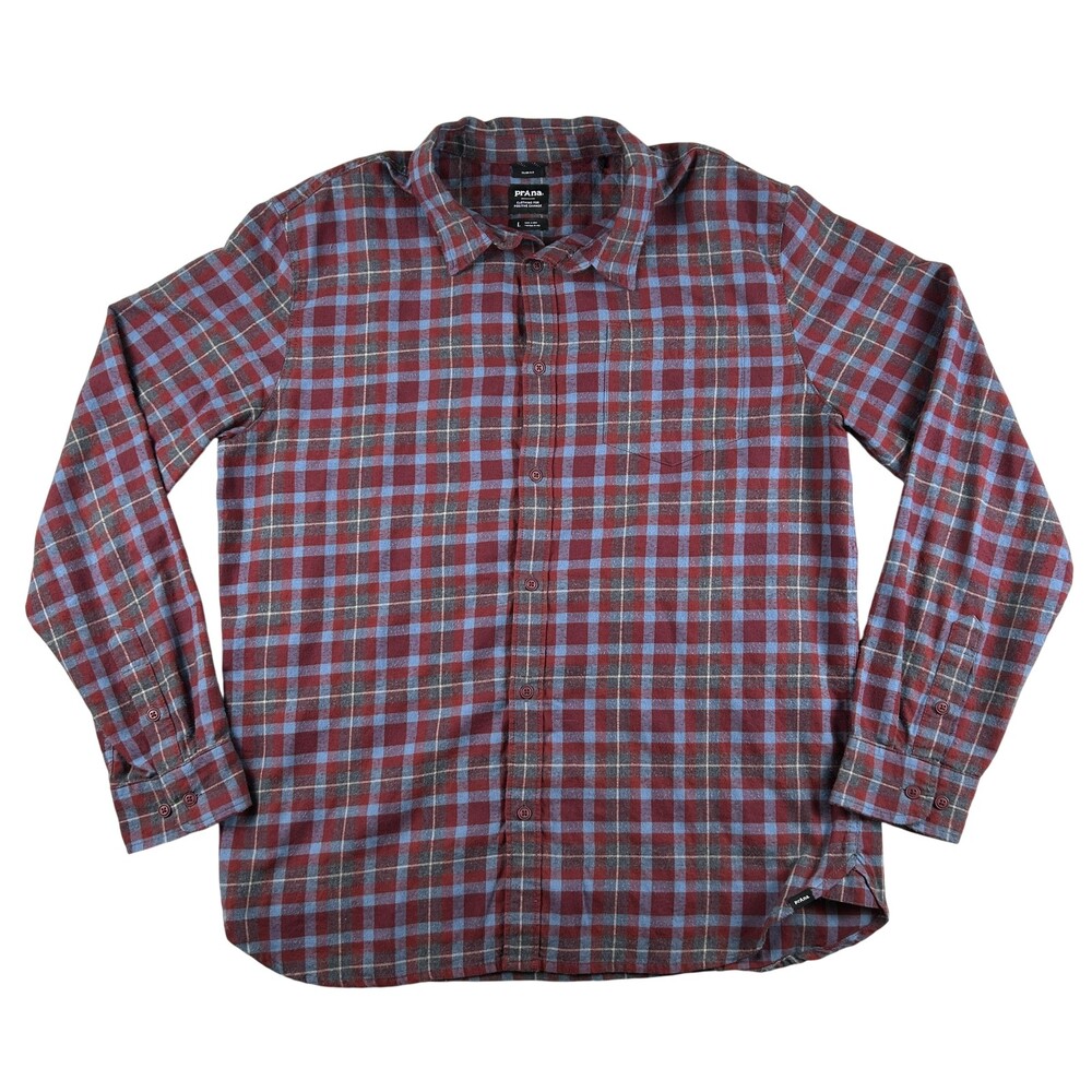 PrAna Shirt Mens Large Red Plaid Flannel Long Sleeve Button Up Slim Fit Casual